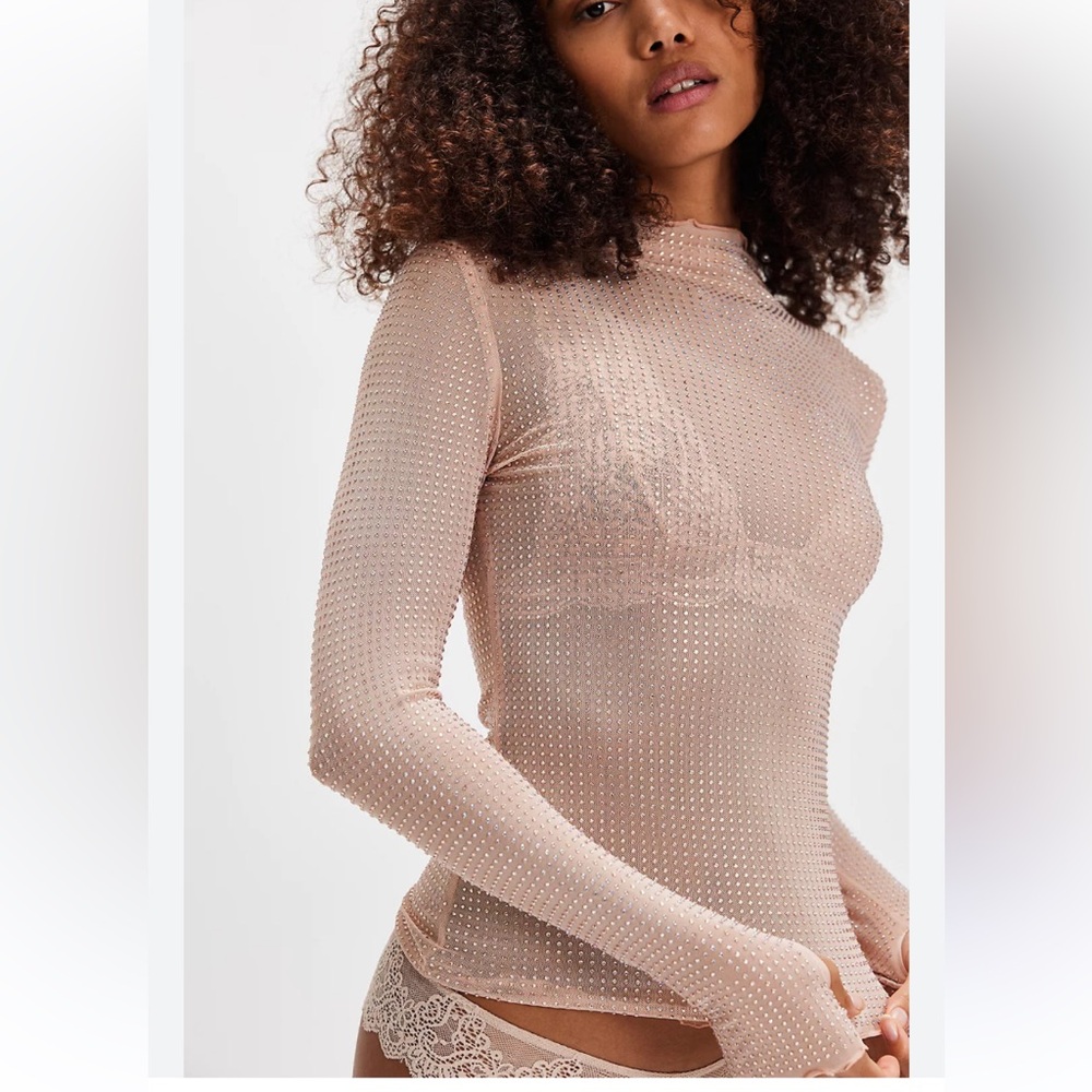 Free People | Sheer Long Sleeve Top with sparkle in Light Peach